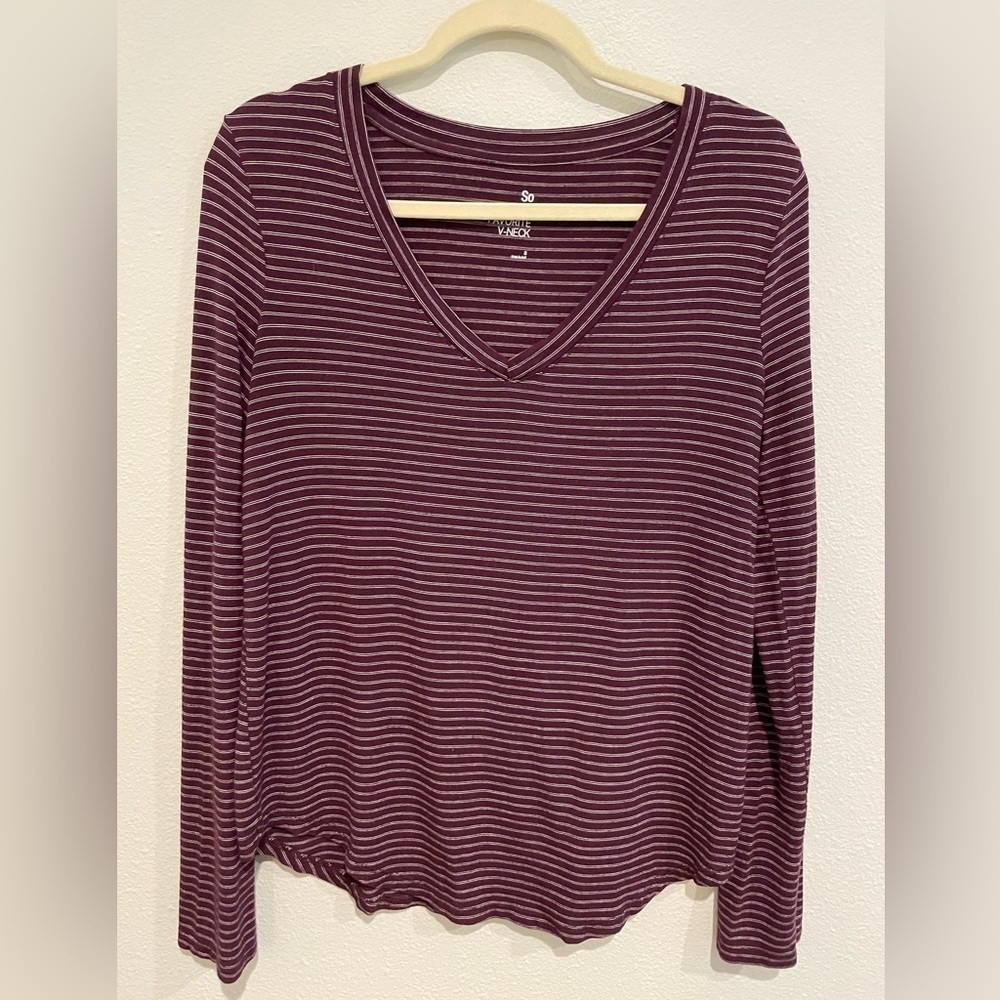 So favorite V neck long sleeve tee shirt. Burgundy and white striped Si…